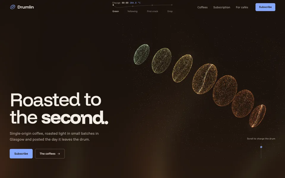 Drumlin hero: coffee beans made of glowing points on a dark roast background.