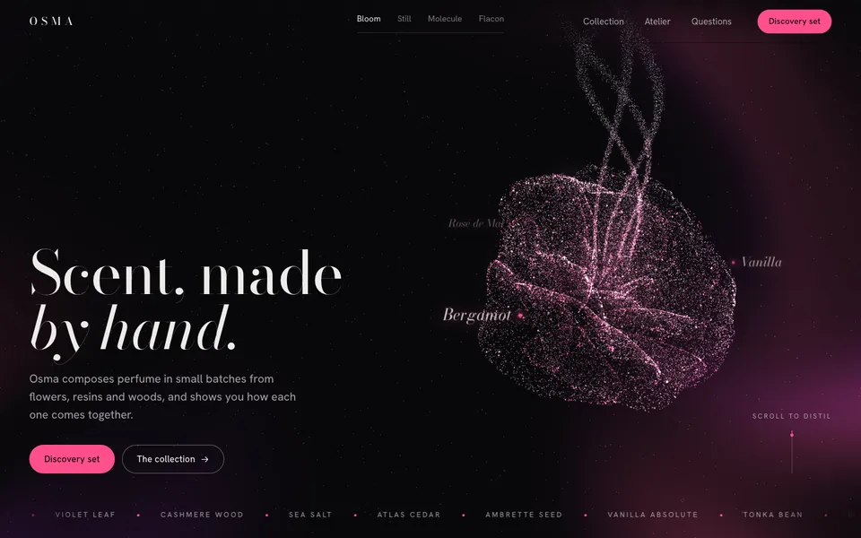 Osma hero: a rose made of glowing particles beside the headline.