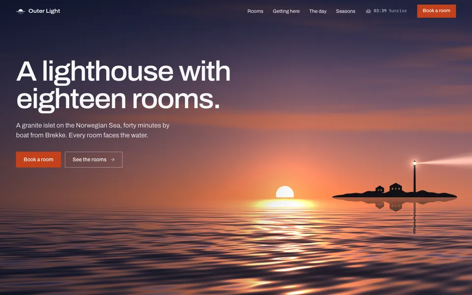 Outer Light hero: dawn over the Norwegian Sea with a lighthouse on a small islet.