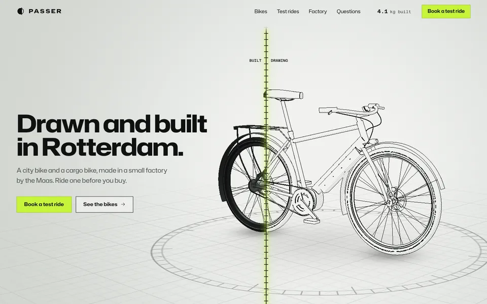 Passer hero: a city bike split by a scan line into a finished half and a line drawing.